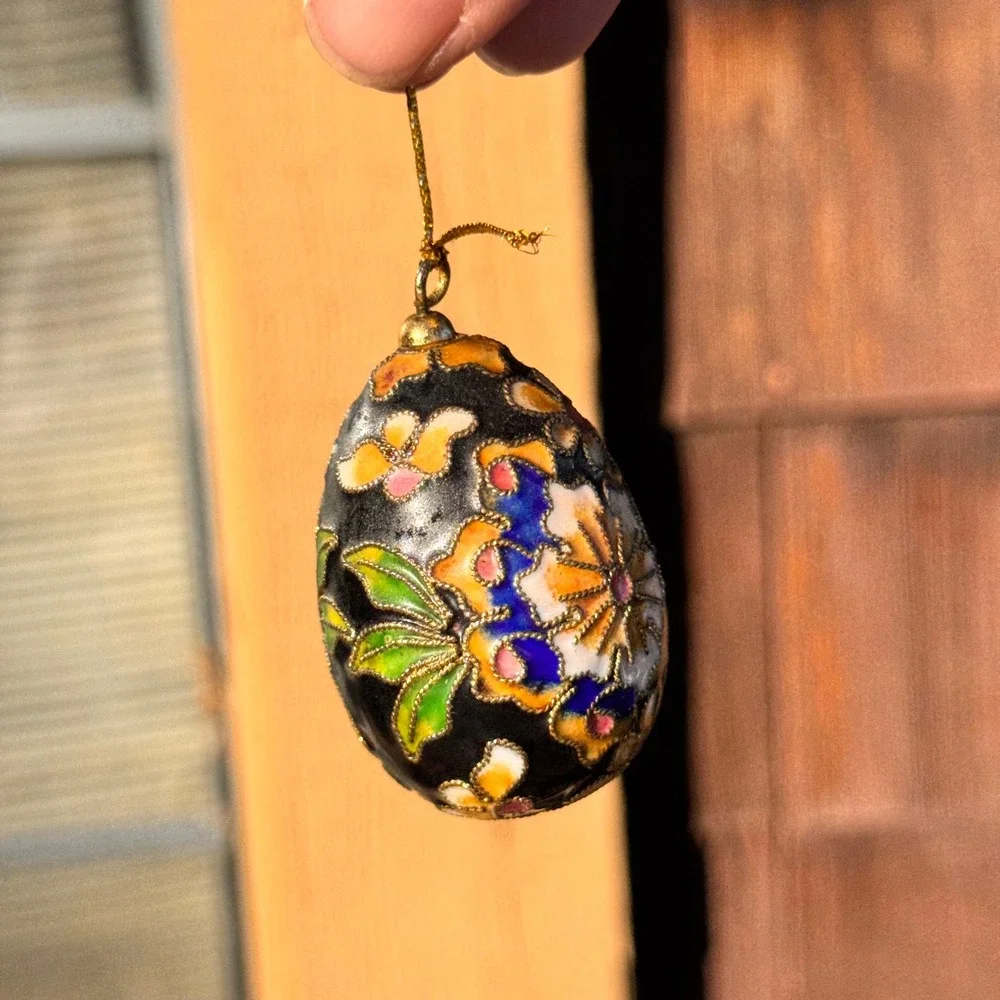 Cloisonne Egg Ornament Floral Black‎ Multicolor Christmas Holiday Decor
